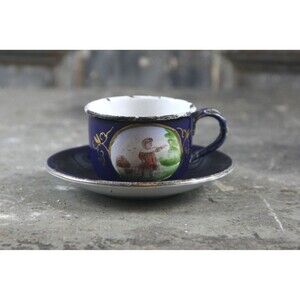 Antique French Childs Miniature Enamelware Teacup and Saucer, hand painted